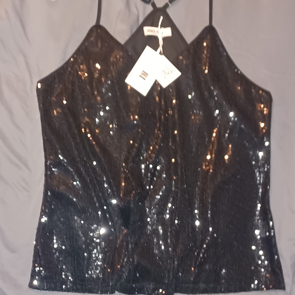 New GRACE KARIN Women Sequin Sleeveless Party Camisole Tank Tops Size L